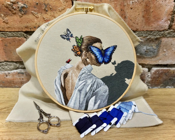 Embroidery art handmade thread painting art jollyhoops silagur jolly hoops hoopart embroideryhoop modernembroidery sila gur embroidery art Butterfly girl white shirt morpho