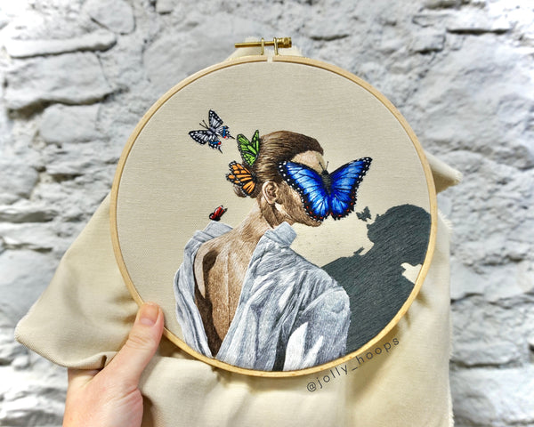 Embroidery art handmade thread painting art jollyhoops silagur jolly hoops hoopart embroideryhoop modernembroidery sila gur embroidery art Butterfly girl white shirt morpho