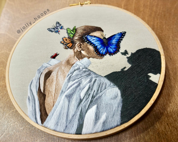 Embroidery art handmade thread painting art jollyhoops silagur jolly hoops hoopart embroideryhoop modernembroidery sila gur embroidery art Butterfly girl white shirt morpho
