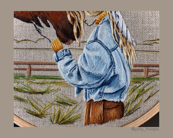 Girl horse details embroidery hoop art thread painting denim jacket country style jolly hoops