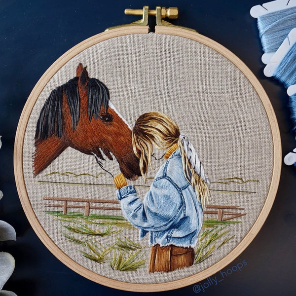 Girl horse country style love embroidery hoop art embroideryart thread painting jolly hoops