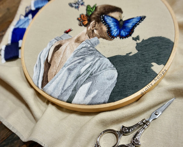 Embroidery art handmade thread painting art jollyhoops silagur jolly hoops hoopart embroideryhoop modernembroidery sila gur embroidery art Butterfly girl white shirt morpho