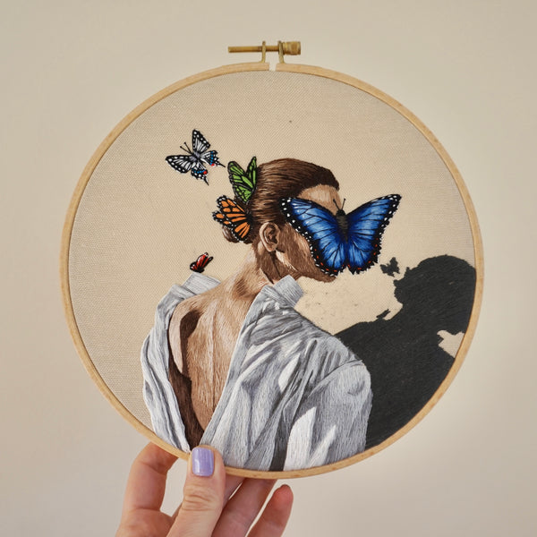 Embroidery art handmade thread painting art jollyhoops silagur jolly hoops hoopart embroideryhoop modernembroidery sila gur embroidery art Butterfly girl white shirt morpho